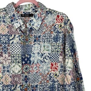 Cremieux Collection XXL Shirt 100% Linen Mosaic Tile Print Long Sleeve